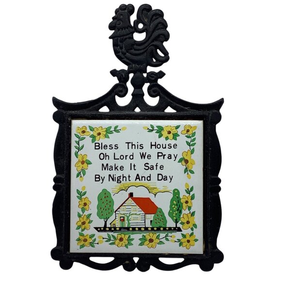 Vtg 1960s Ceramic Wall Plaque Trivet Rooster Cast Iron Frame Country Prayer 9" - Picture 5 of 6